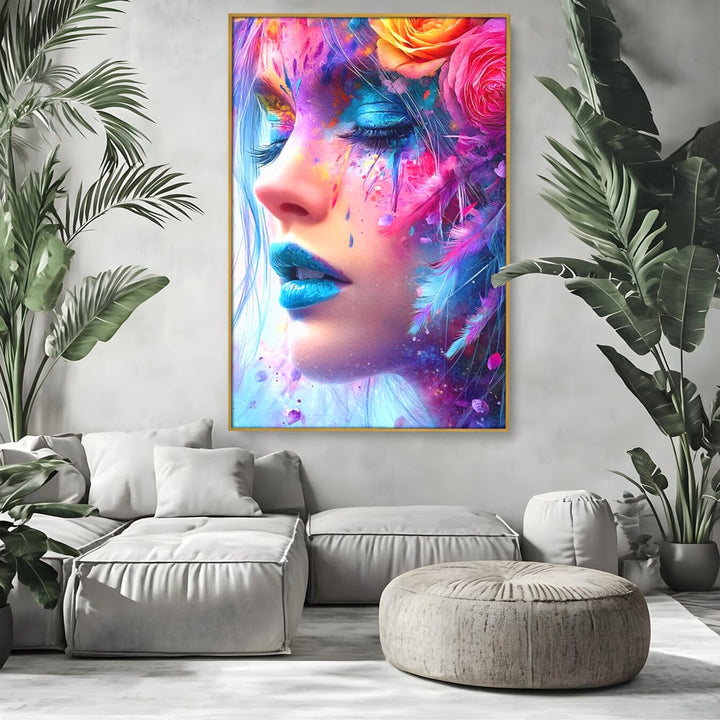 Tablou canvas cu tablou canvas cu fata artistica si flori, in rama de aluminiu auriu, pe perete intr-un living