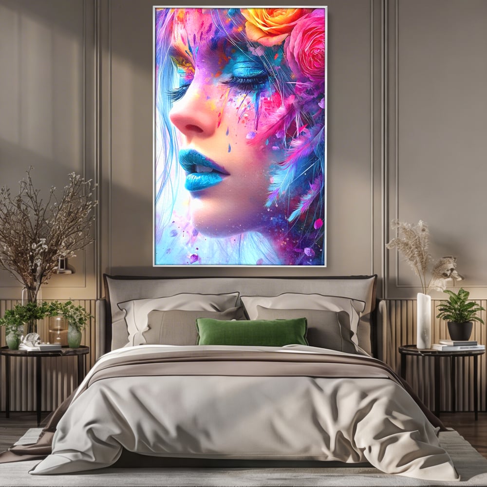 Tablou canvas cu tablou canvas cu fata artistica si flori, in rama de aluminiu argintiu, pe perete intr-un dormitor