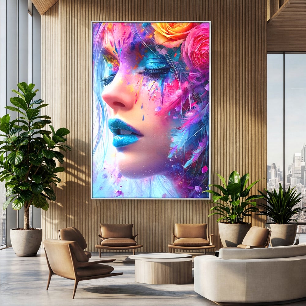 Tablou canvas cu tablou canvas cu fata artistica si flori, in rama de aluminiu argintiu, pe perete intr-un birou