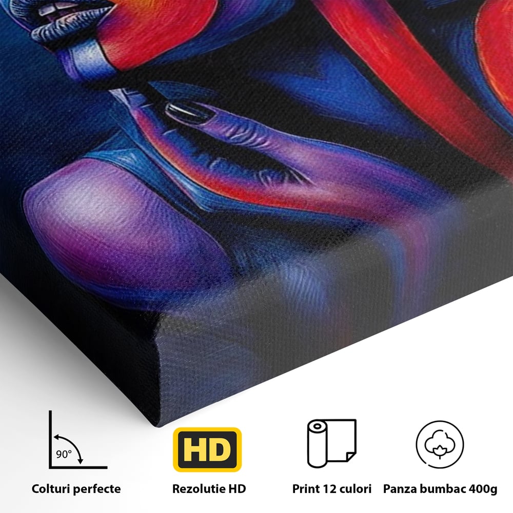 Detaliu al suprafetei: tablou canvas cu chip de femeie colorat, fara rama, pe sasiu de lemn