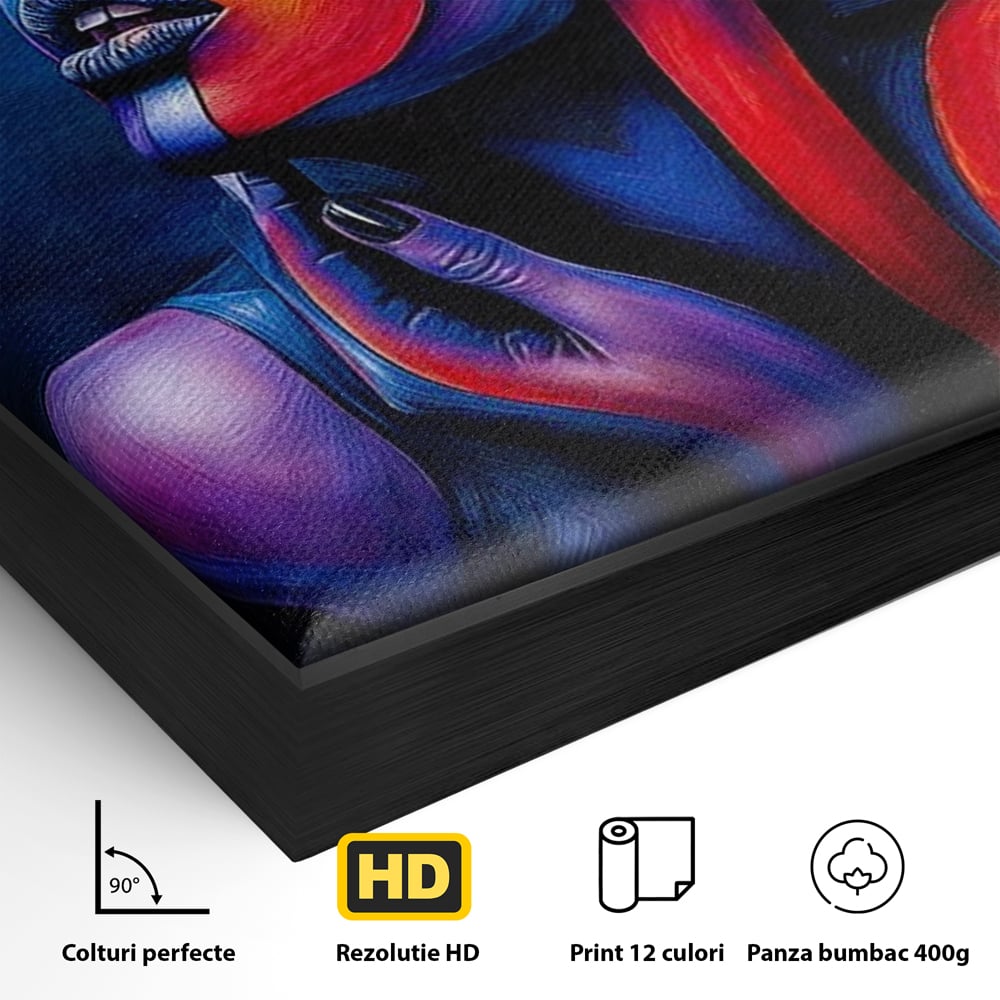 Detaliu al suprafetei: tablou canvas cu chip de femeie colorat, in rama de aluminiu negru