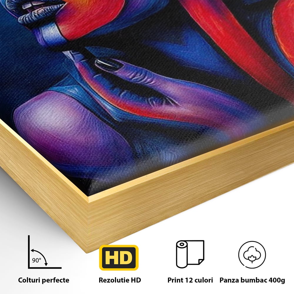 Detaliu al suprafetei: tablou canvas cu chip de femeie colorat, in rama de aluminiu auriu