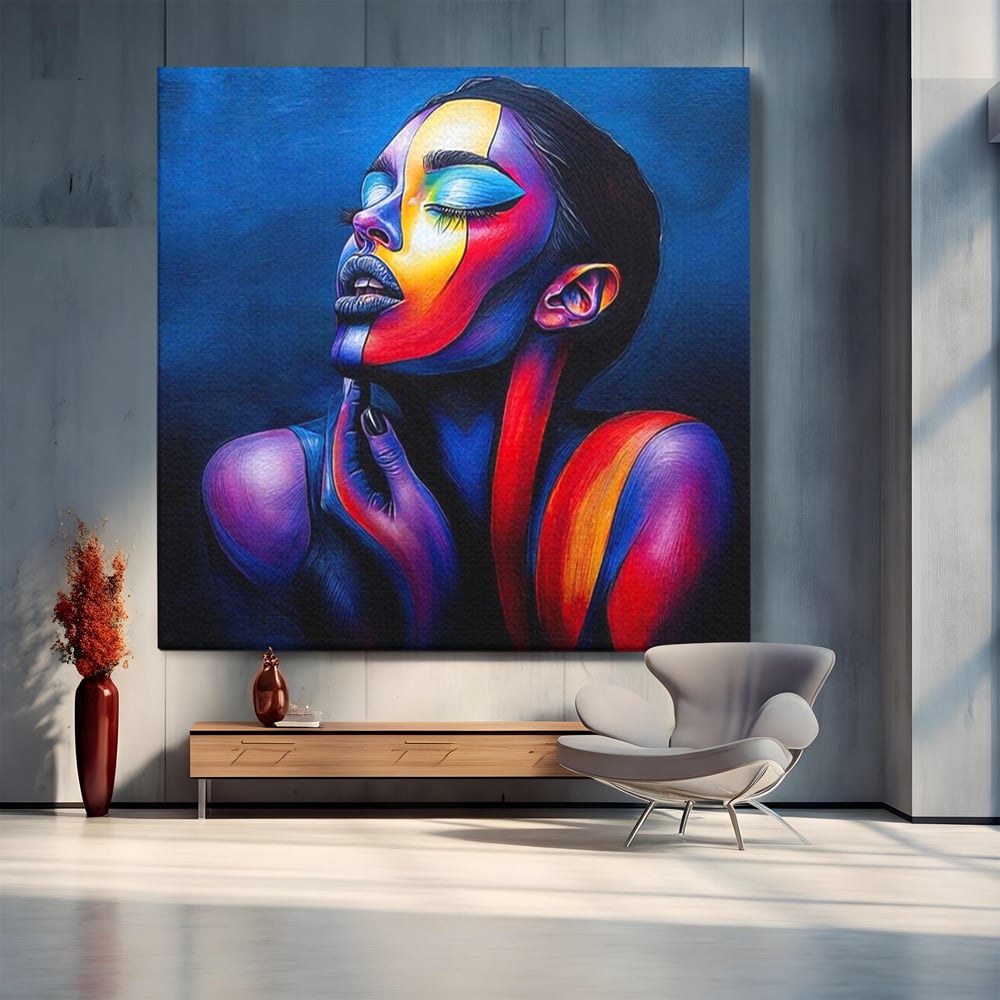 Tablou canvas cu tablou canvas cu chip de femeie colorat, fara rama, pe sasiu de lemn