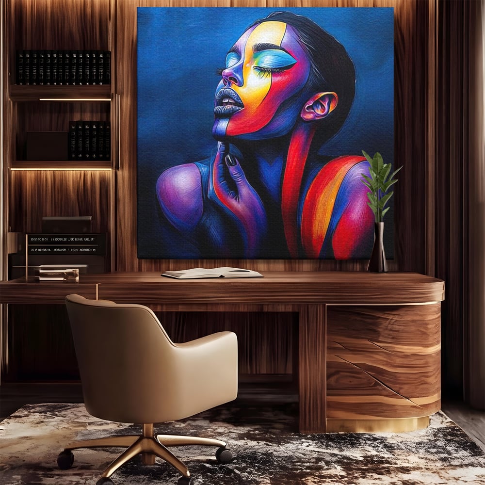 Tablou canvas cu tablou canvas cu chip de femeie colorat, fara rama, pe sasiu de lemn, pe perete intr-un birou