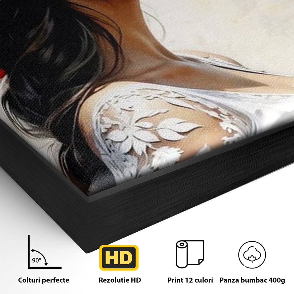 Detaliu al suprafetei: tablou canvas cu profil de doamna, in rama de aluminiu negru