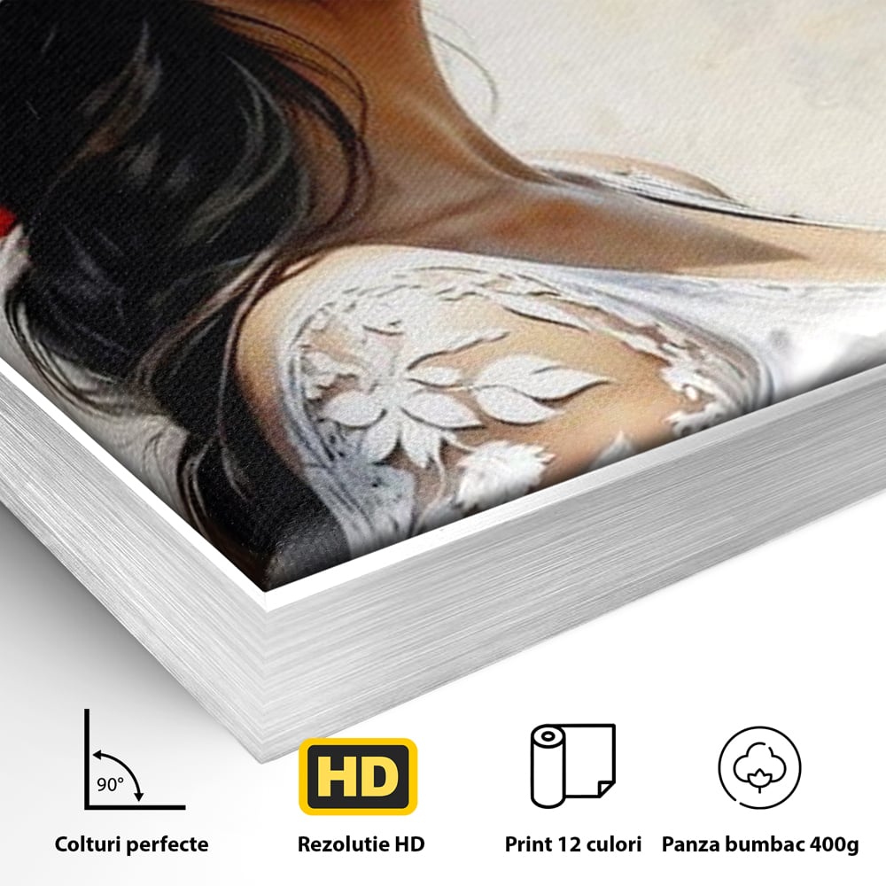 Detaliu al suprafetei: tablou canvas cu profil de doamna, in rama de aluminiu argintiu