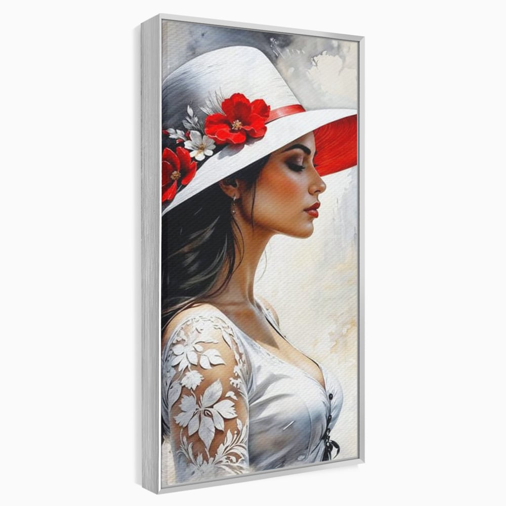Tablou canvas cu tablou canvas cu profil de doamna, in rama de aluminiu argintiu