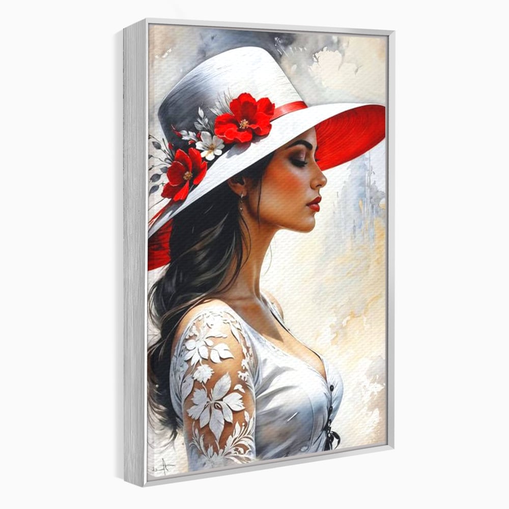 Tablou canvas cu tablou canvas cu profil de doamna, in rama de aluminiu argintiu