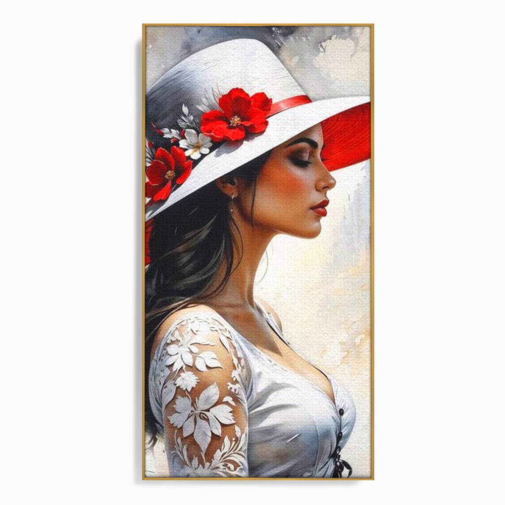 Tablou canvas cu tablou canvas cu profil de doamna, in rama de aluminiu auriu