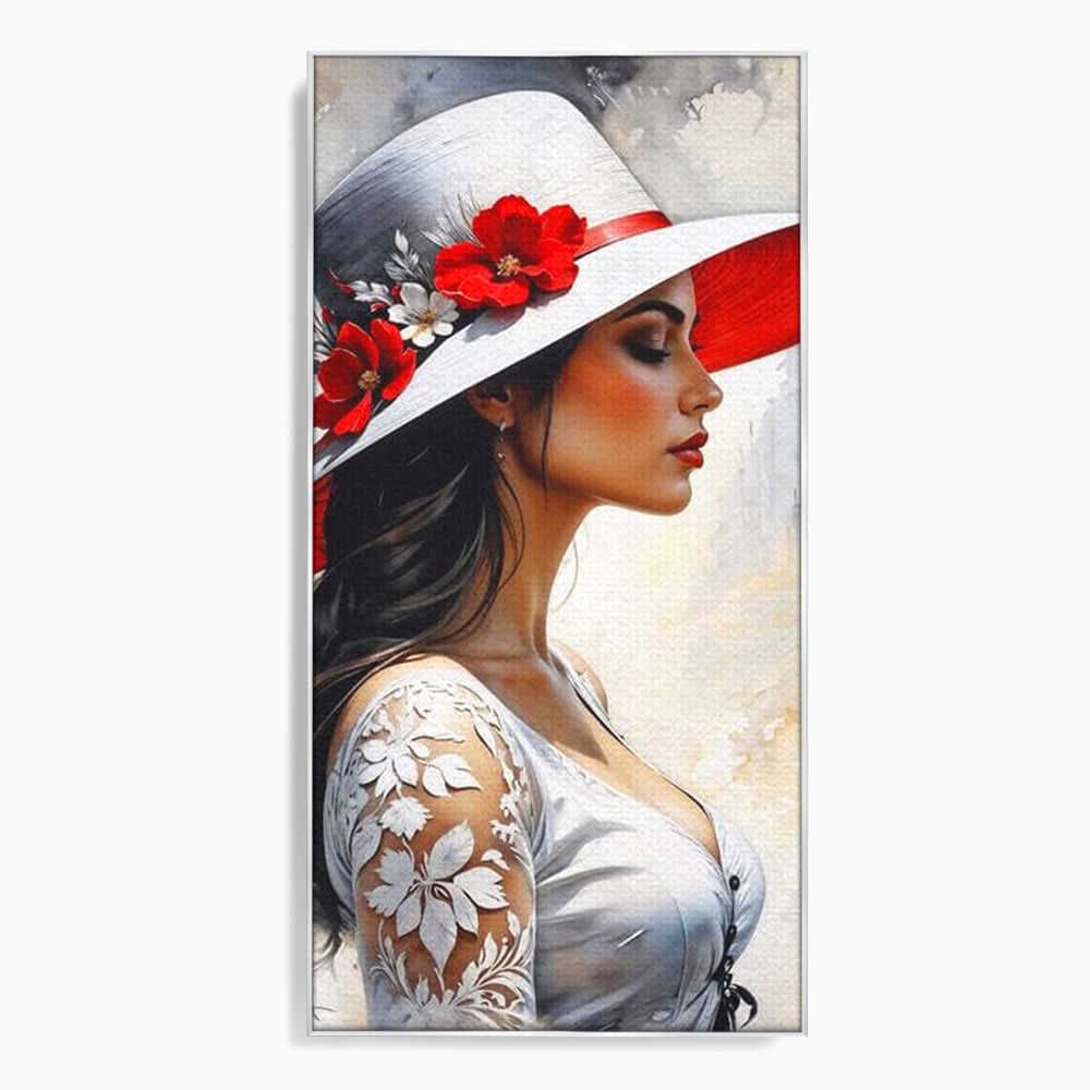 Tablou canvas cu tablou canvas cu profil de doamna, in rama de aluminiu argintiu