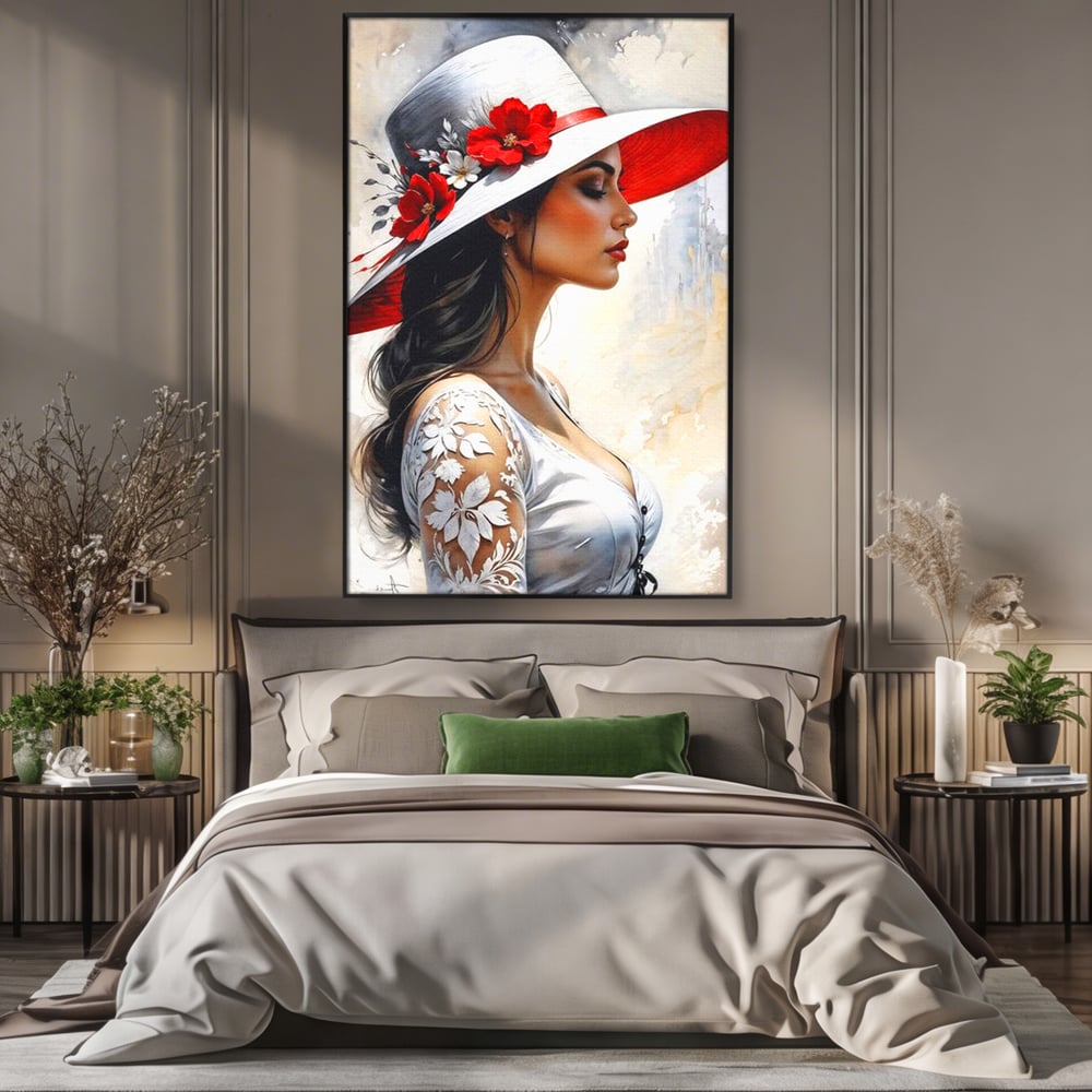 Tablou canvas cu tablou canvas cu profil de doamna, in rama de aluminiu negru, pe perete intr-un dormitor