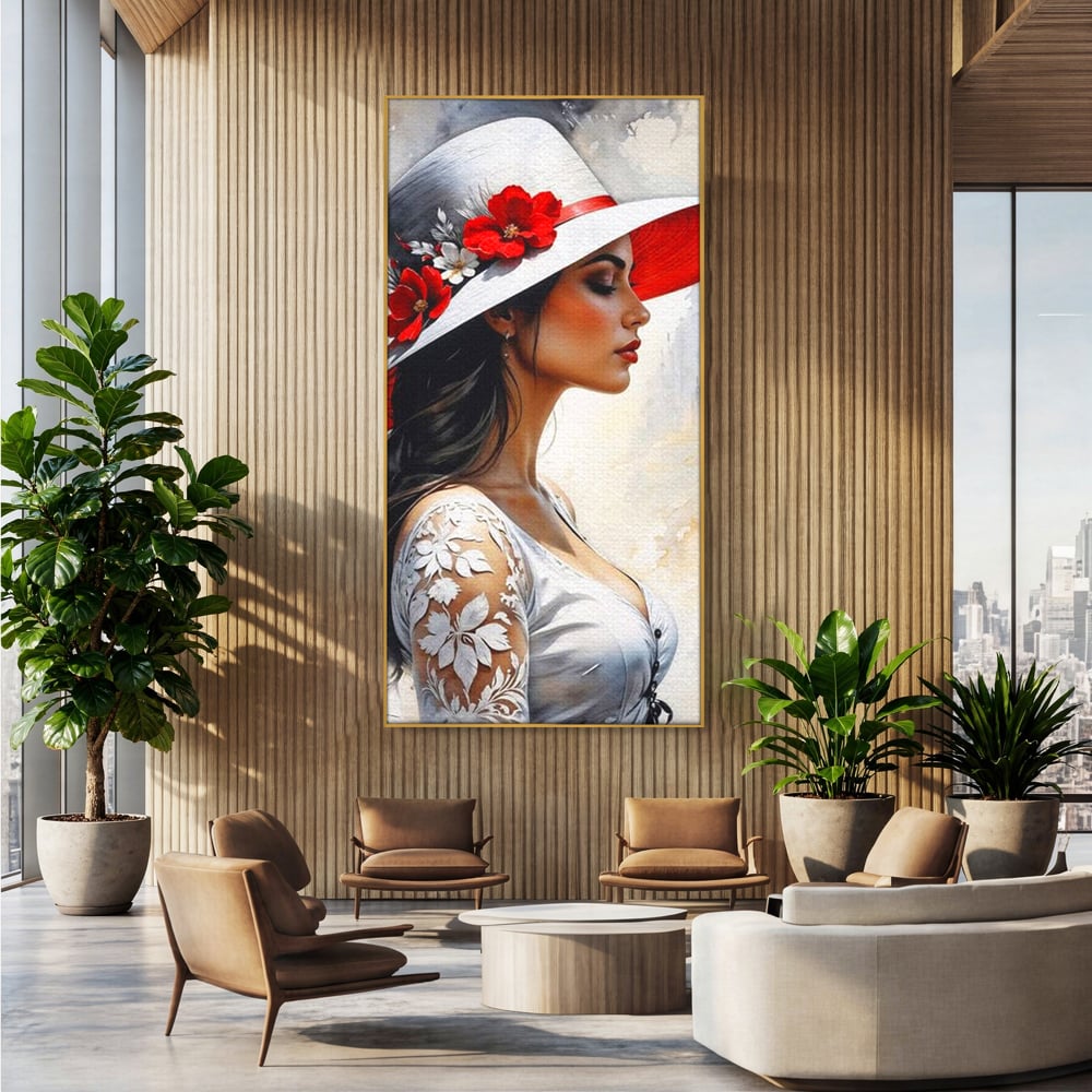 Tablou canvas cu tablou canvas cu profil de doamna, in rama de aluminiu auriu, pe perete intr-un birou