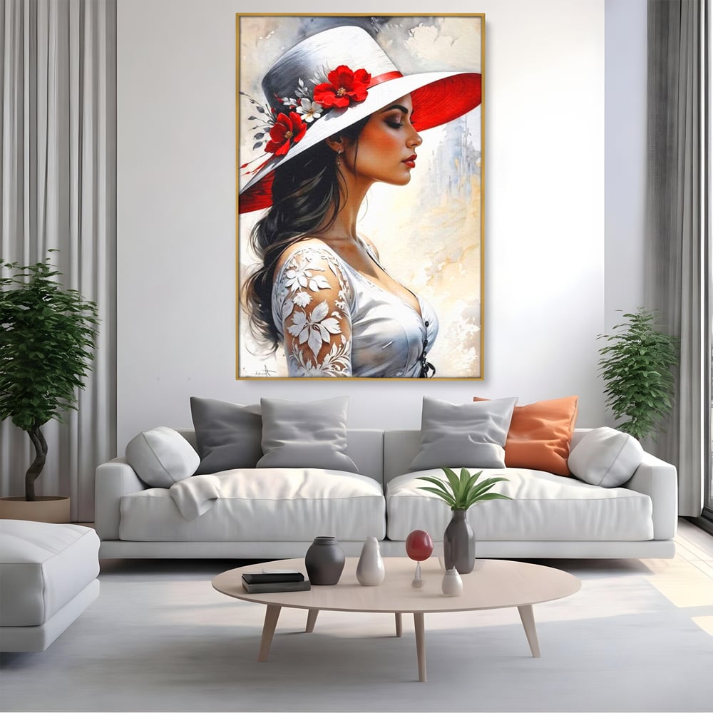 Tablou canvas cu tablou canvas cu profil de doamna, in rama de aluminiu auriu, pe perete intr-un living