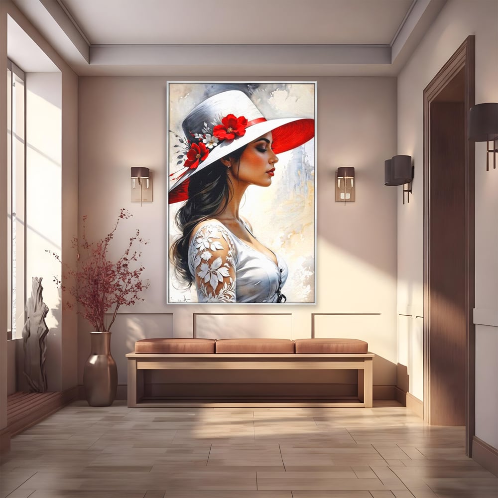 Tablou canvas cu tablou canvas cu profil de doamna, in rama de aluminiu argintiu