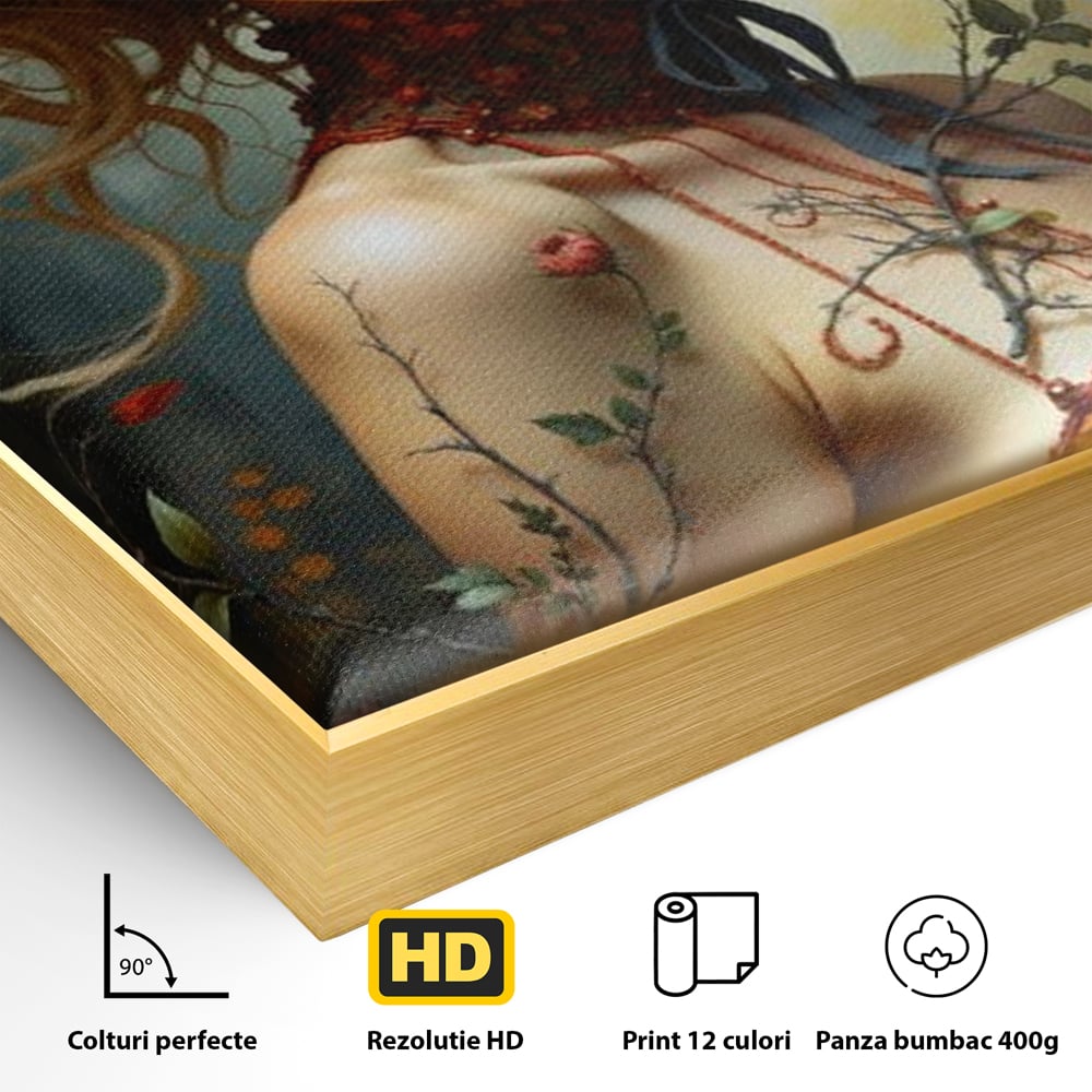 Detaliu al suprafetei: tablou canvas cu portret de femeie blonda si flori, in rama de aluminiu auriu