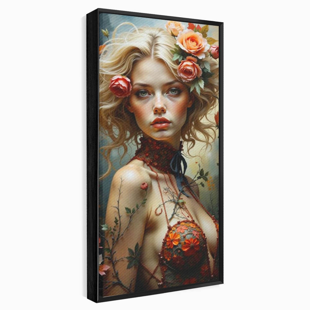Tablou canvas cu tablou canvas cu portret de femeie blonda si flori, in rama de aluminiu negru
