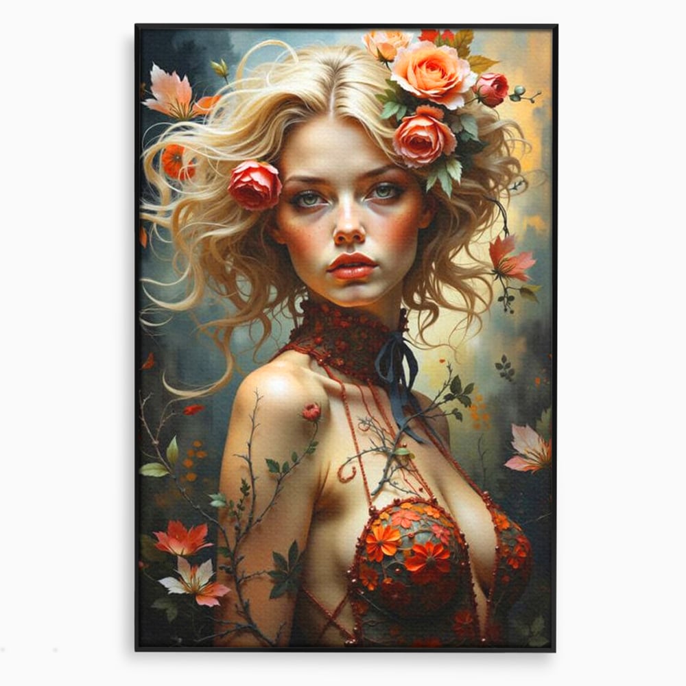Tablou canvas cu tablou canvas cu portret de femeie blonda si flori, in rama de aluminiu negru
