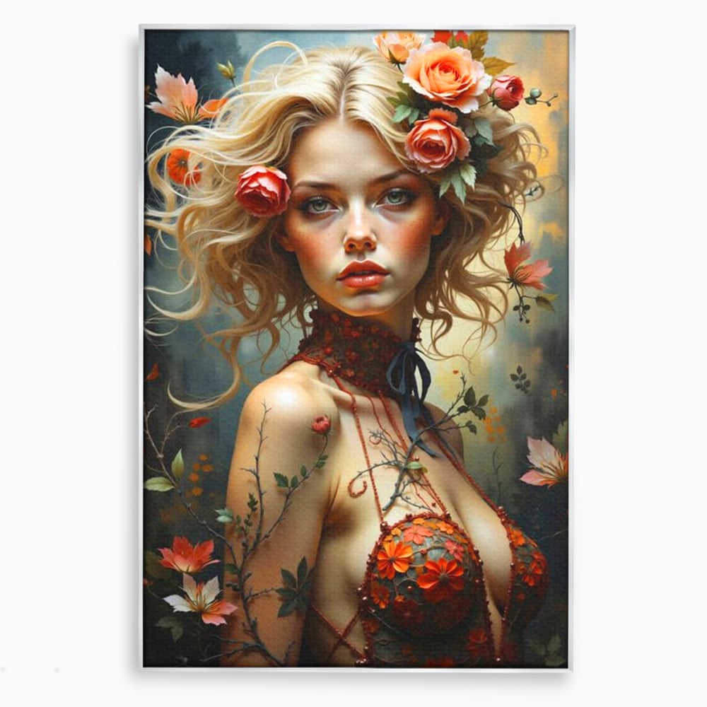 Tablou canvas cu tablou canvas cu portret de femeie blonda si flori, in rama de aluminiu argintiu