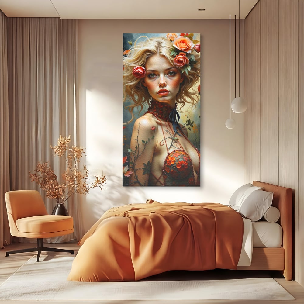 Tablou canvas cu tablou canvas cu portret de femeie blonda si flori, fara rama, pe sasiu de lemn, pe perete intr-un dormitor
