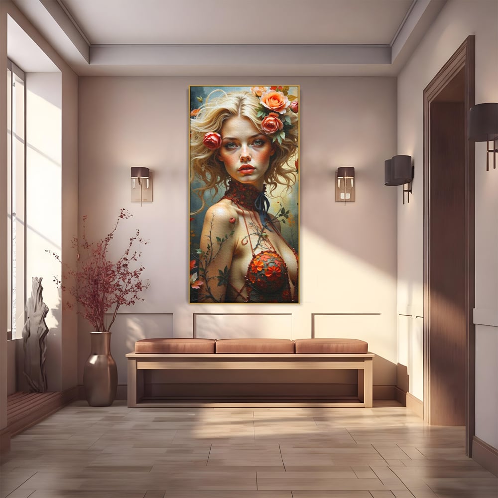 Tablou canvas cu tablou canvas cu portret de femeie blonda si flori, in rama de aluminiu auriu