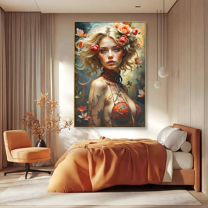 Tablou canvas cu tablou canvas cu portret de femeie blonda si flori, in rama de aluminiu auriu, pe perete intr-un dormitor