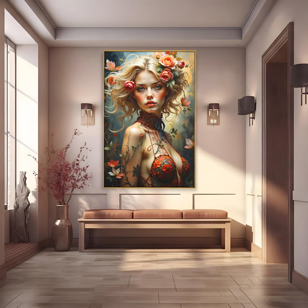 Tablou canvas cu tablou canvas cu portret de femeie blonda si flori, in rama de aluminiu auriu