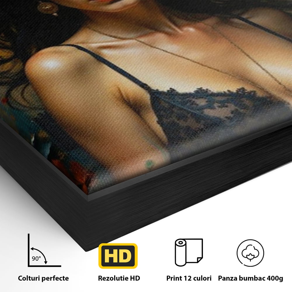 Detaliu al suprafetei: tablou canvas cu portret de femeie par negru fluturi si frunze, in rama de aluminiu negru