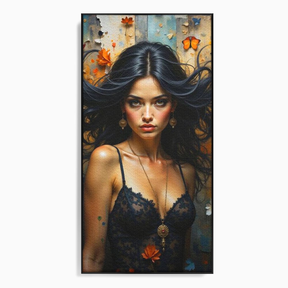 Tablou canvas cu tablou canvas cu portret de femeie par negru fluturi si frunze, in rama de aluminiu negru