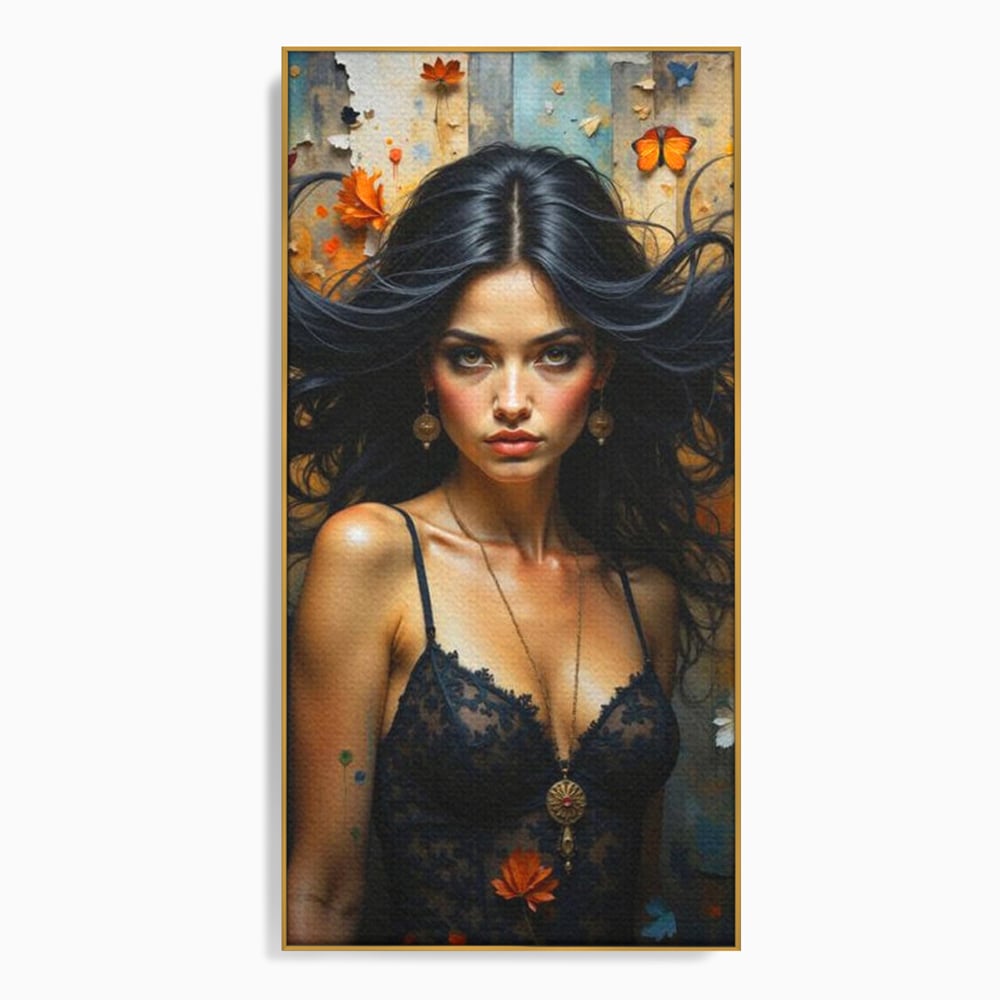 Tablou canvas cu tablou canvas cu portret de femeie par negru fluturi si frunze, in rama de aluminiu auriu