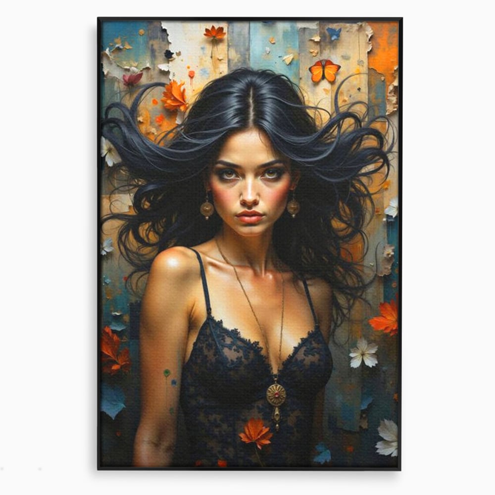 Tablou canvas cu tablou canvas cu portret de femeie par negru fluturi si frunze, in rama de aluminiu negru
