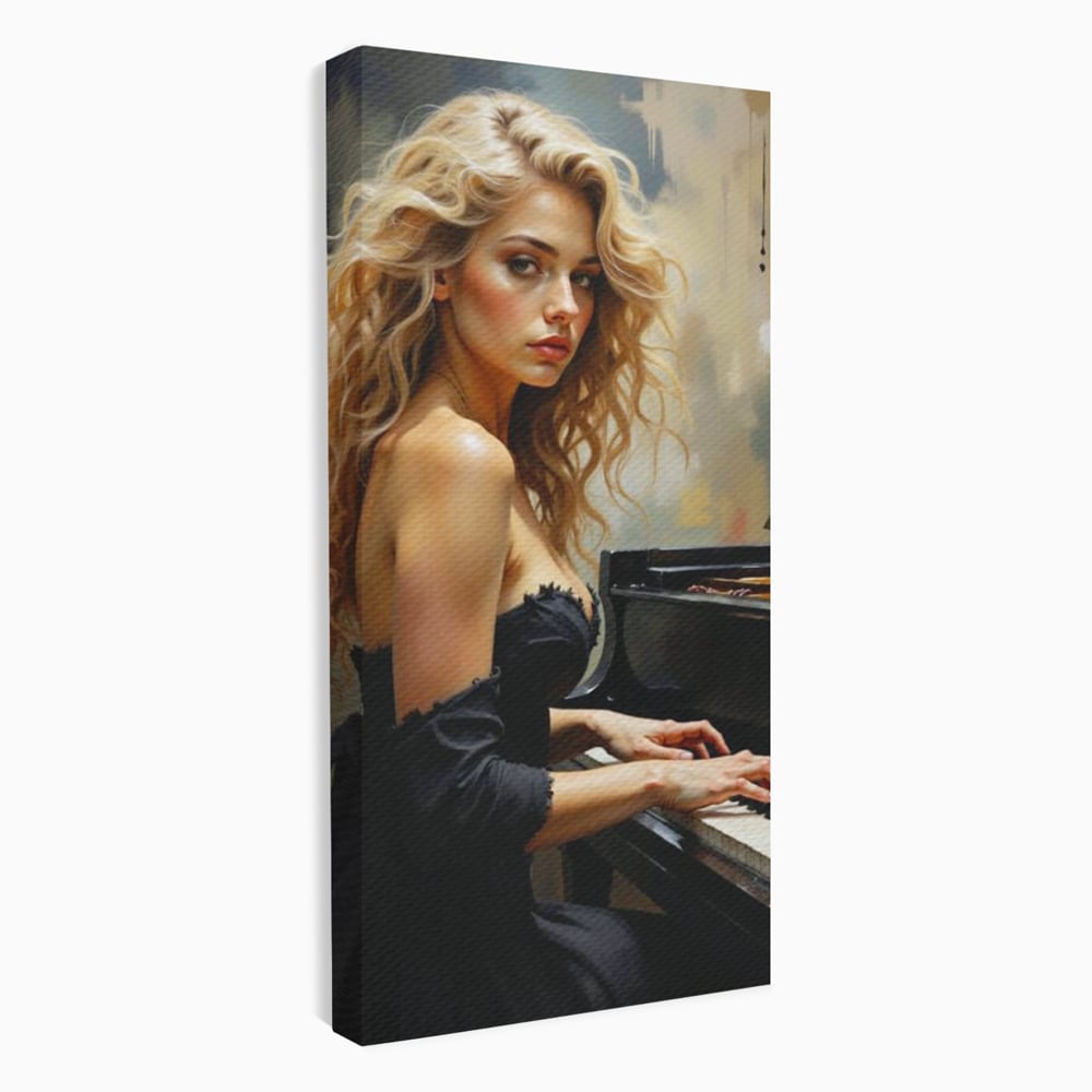Tablou canvas cu tablou canvas cu femeie blonda la pian, fara rama, pe sasiu de lemn
