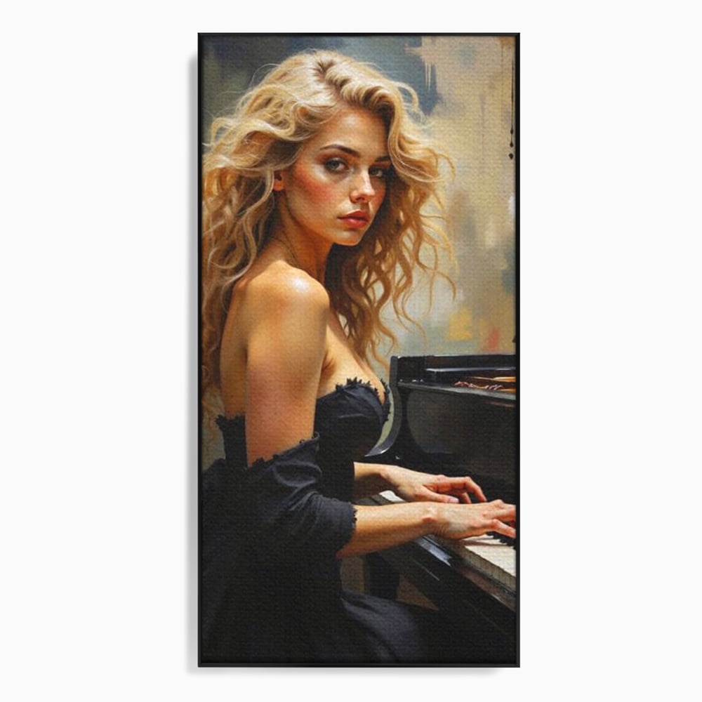 Tablou canvas cu tablou canvas cu femeie blonda la pian, in rama de aluminiu negru