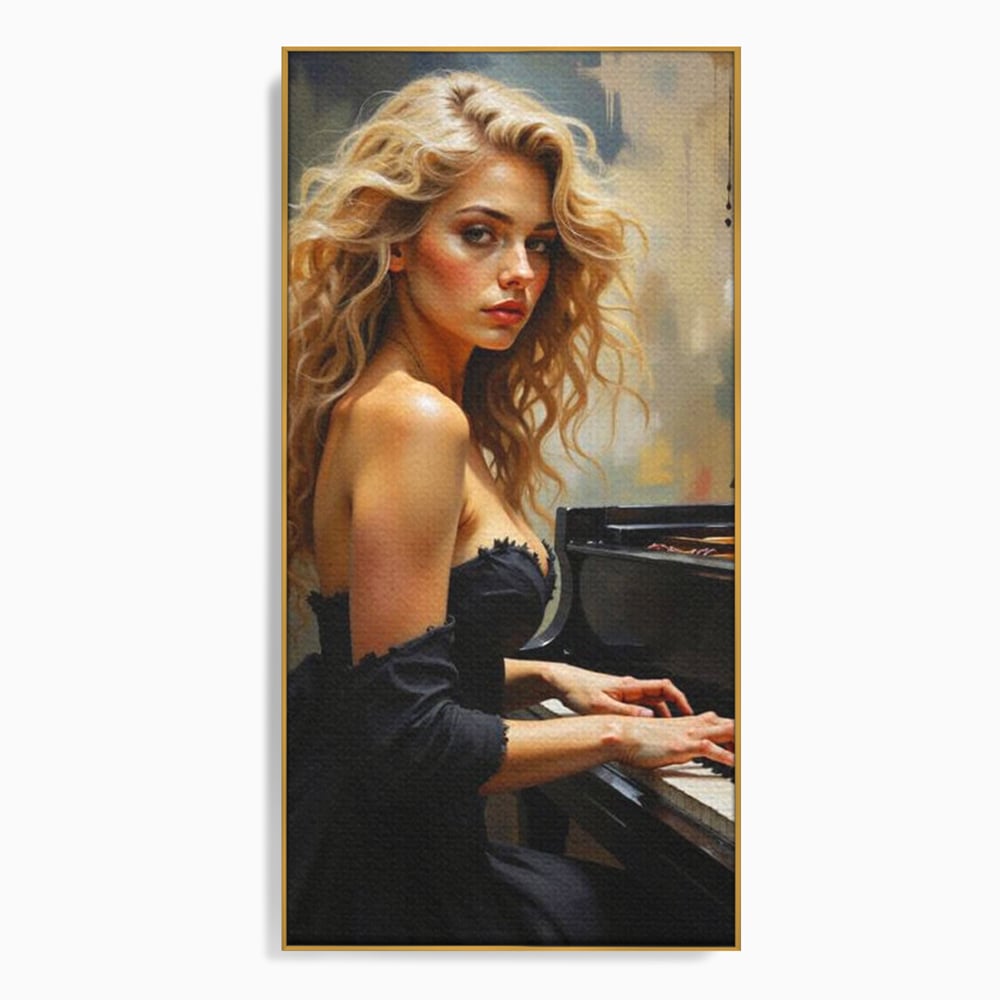 Tablou canvas cu tablou canvas cu femeie blonda la pian, in rama de aluminiu auriu