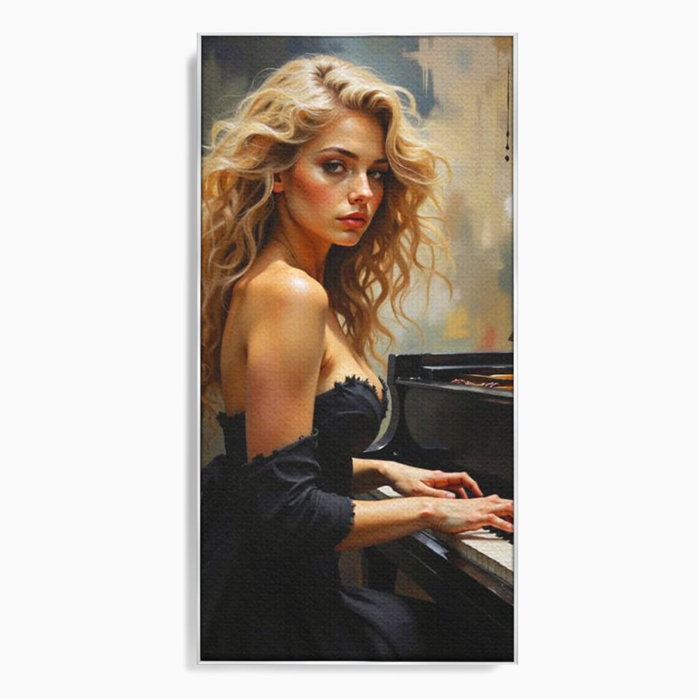 Tablou canvas cu tablou canvas cu femeie blonda la pian, in rama de aluminiu argintiu