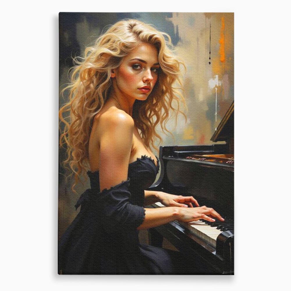 Tablou canvas cu tablou canvas cu femeie blonda la pian, fara rama, pe sasiu de lemn
