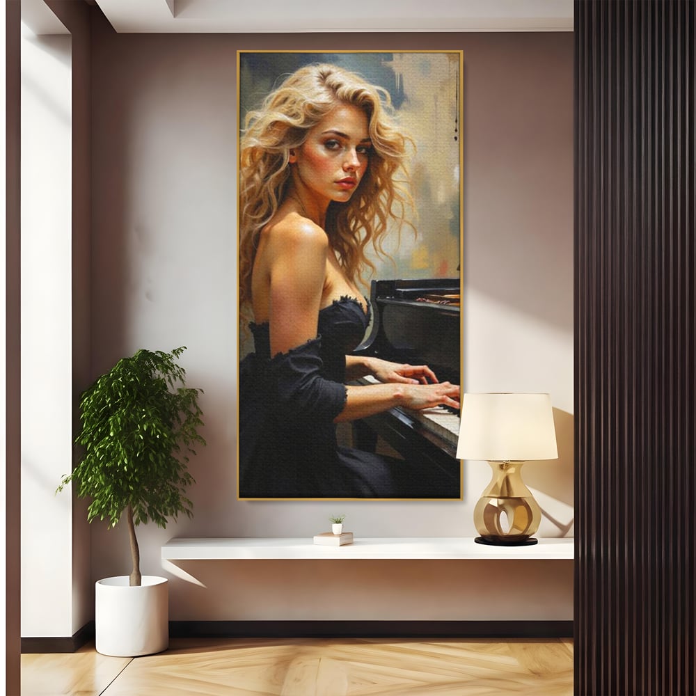 Tablou canvas cu tablou canvas cu femeie blonda la pian, in rama de aluminiu auriu