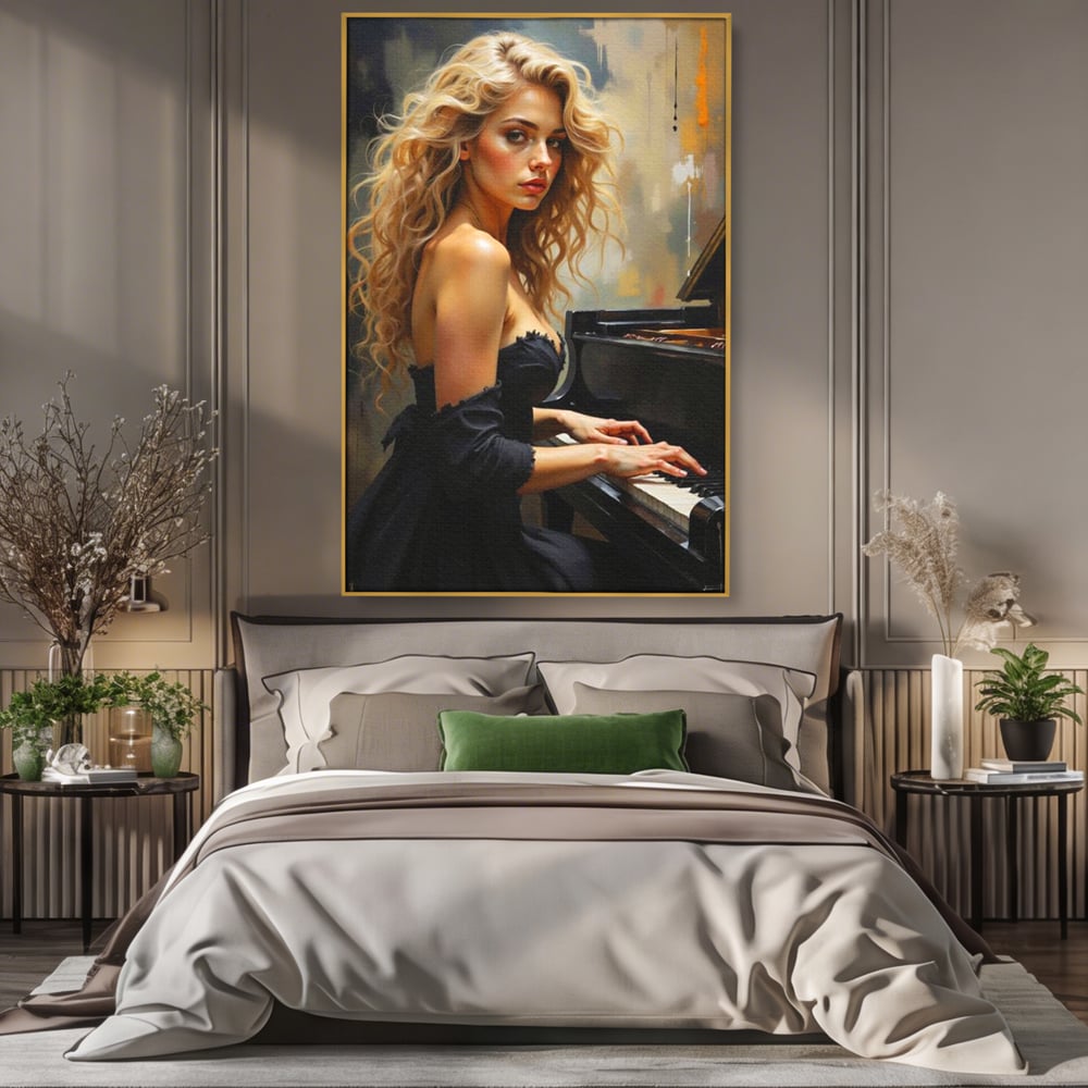 Tablou canvas cu tablou canvas cu femeie blonda la pian, in rama de aluminiu auriu, pe perete intr-un dormitor
