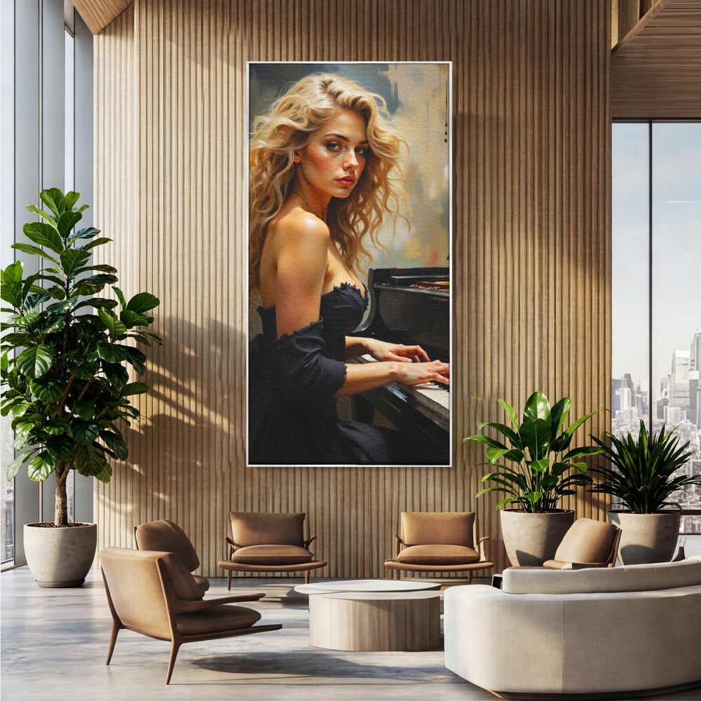 Tablou canvas cu tablou canvas cu femeie blonda la pian, in rama de aluminiu argintiu, pe perete intr-un birou