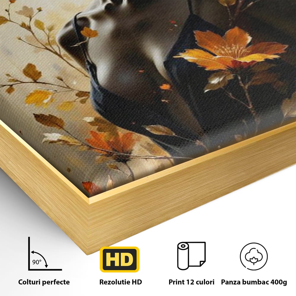 Detaliu al suprafetei: tablou canvas cu silueta feminina, in rama de aluminiu auriu