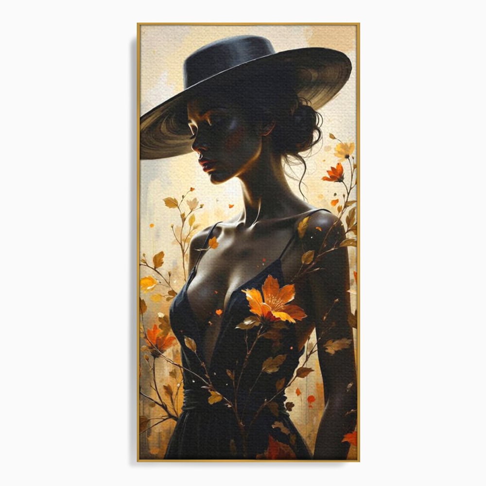 Tablou canvas cu tablou canvas cu silueta feminina, in rama de aluminiu auriu
