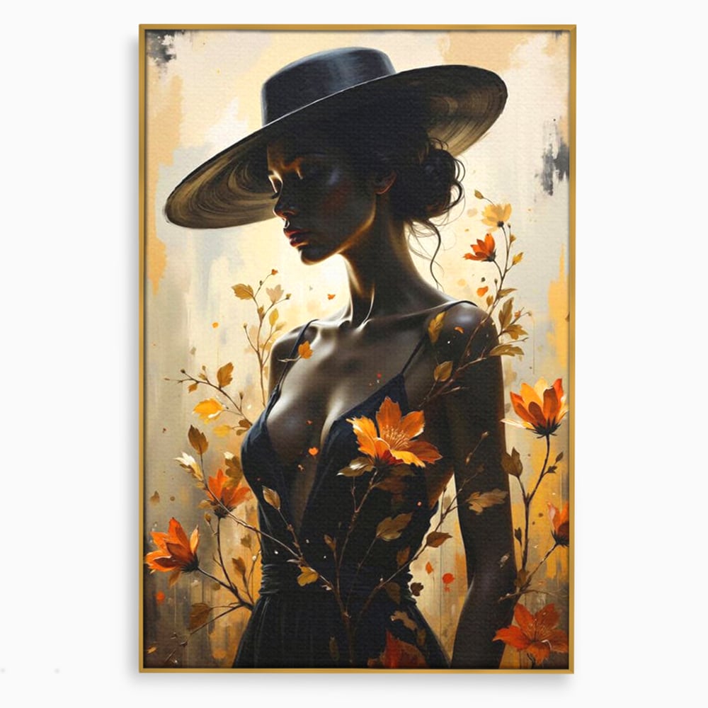 Tablou canvas cu tablou canvas cu silueta feminina, in rama de aluminiu auriu