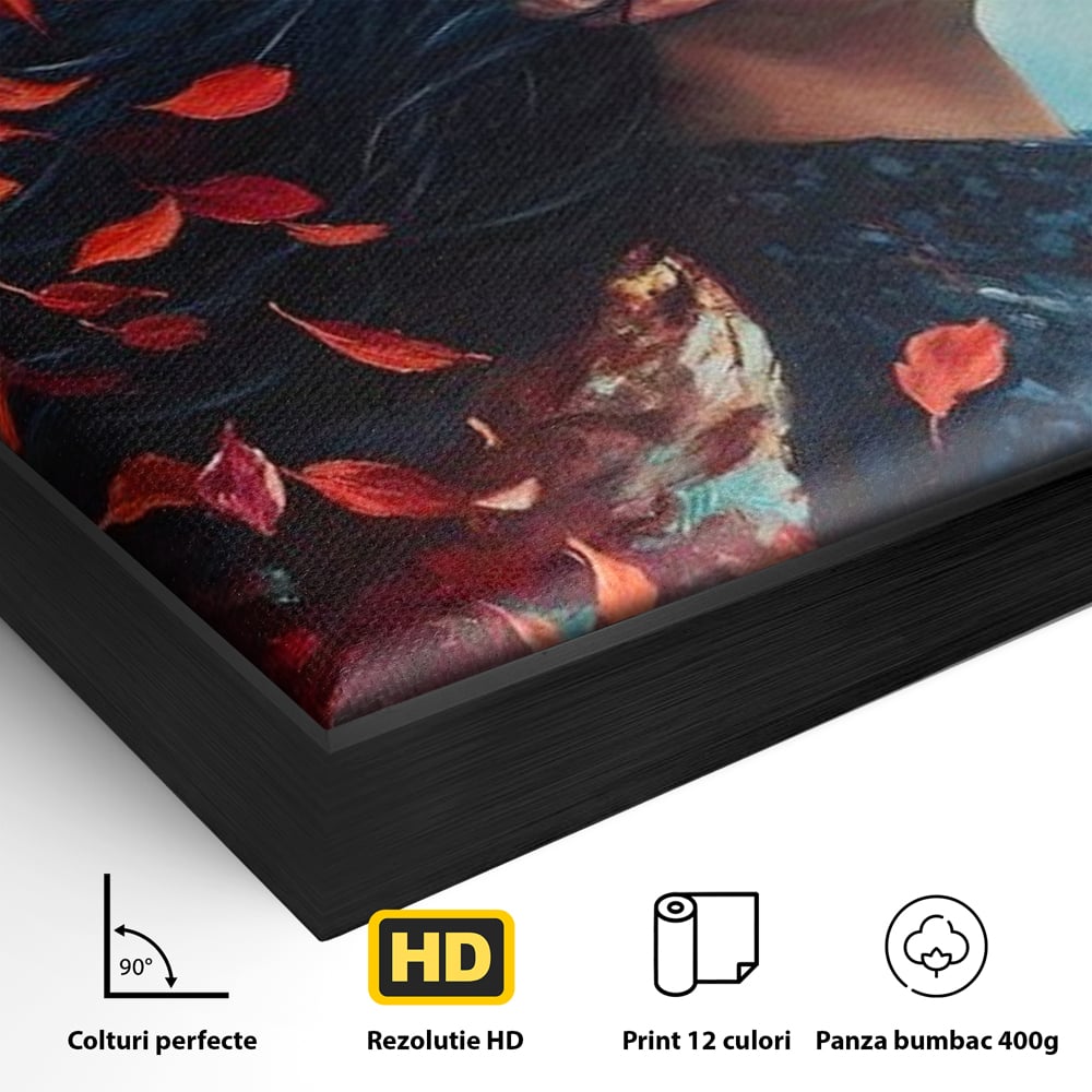 Detaliu al suprafetei: tablou canvas cu femeie si frunze in vant, in rama de aluminiu negru