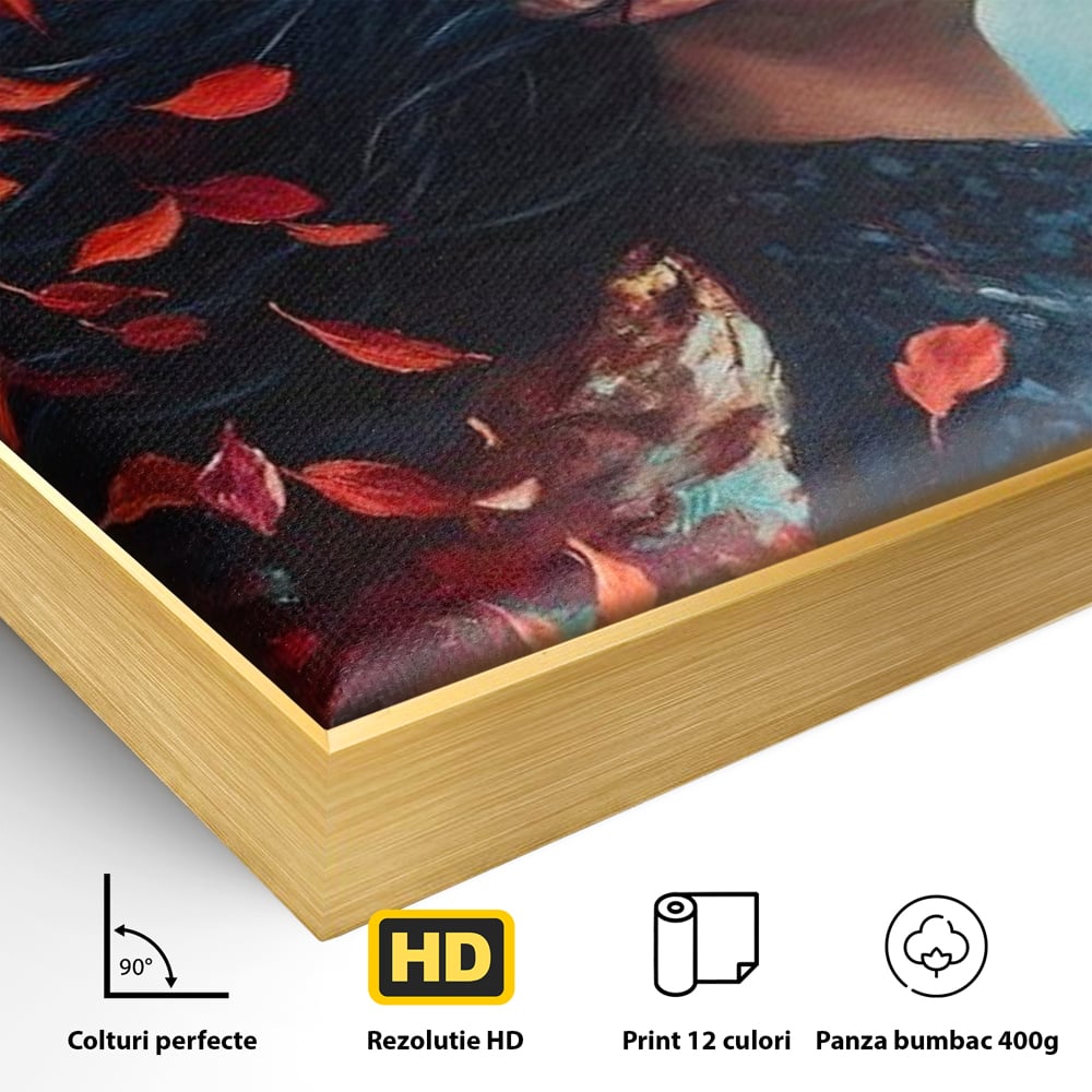 Detaliu al suprafetei: tablou canvas cu femeie si frunze in vant, in rama de aluminiu auriu