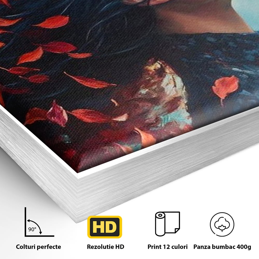 Detaliu al suprafetei: tablou canvas cu femeie si frunze in vant, in rama de aluminiu argintiu
