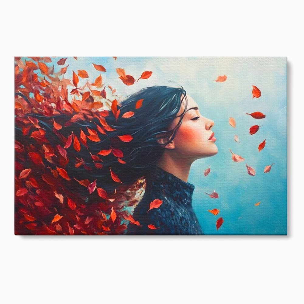 Tablou canvas cu tablou canvas cu femeie si frunze in vant, fara rama, pe sasiu de lemn