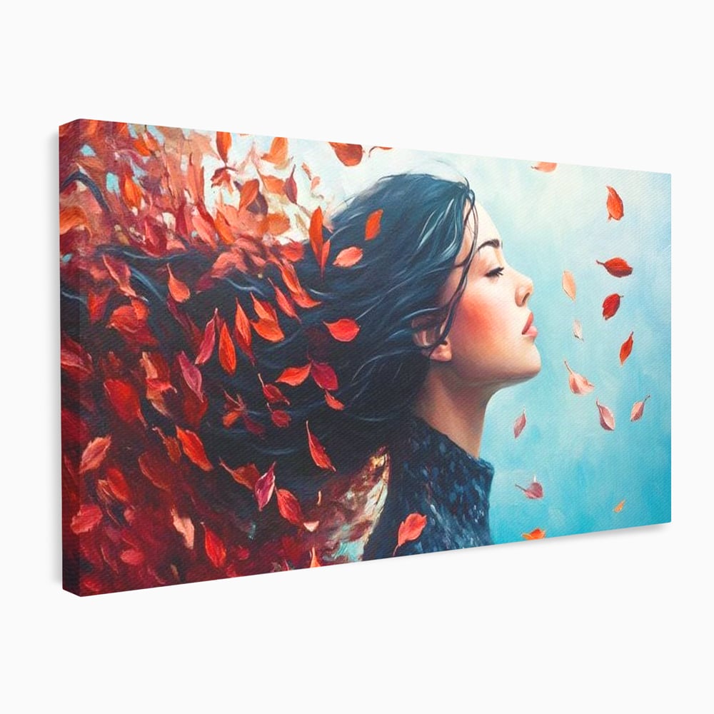 Tablou canvas cu tablou canvas cu femeie si frunze in vant, fara rama, pe sasiu de lemn
