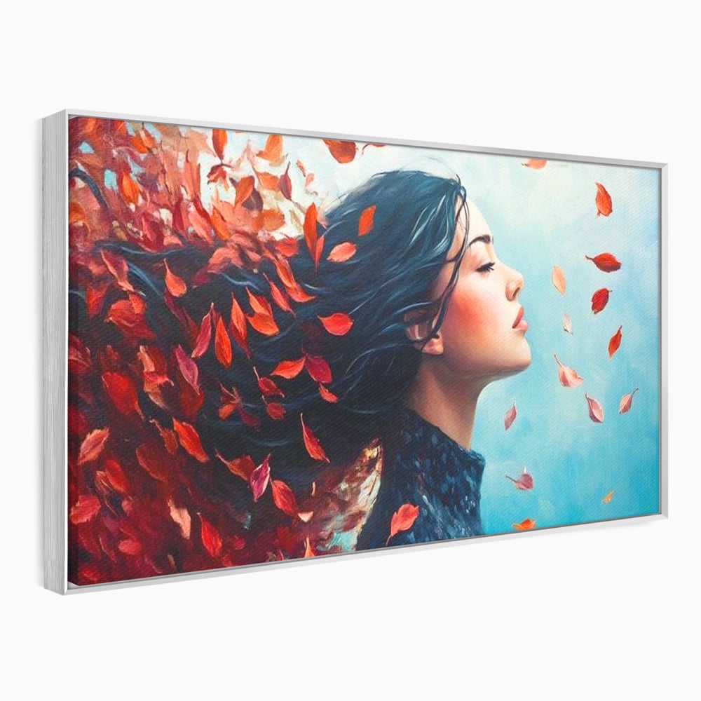 Tablou canvas cu tablou canvas cu femeie si frunze in vant, in rama de aluminiu argintiu