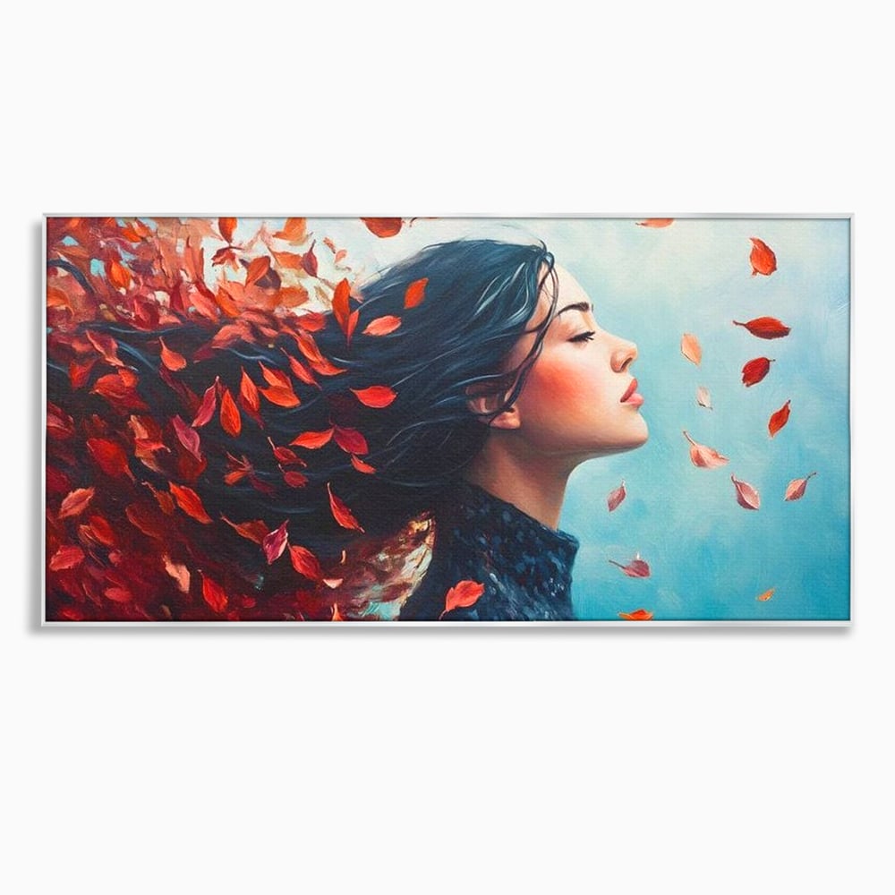 Tablou canvas cu tablou canvas cu femeie si frunze in vant, in rama de aluminiu argintiu