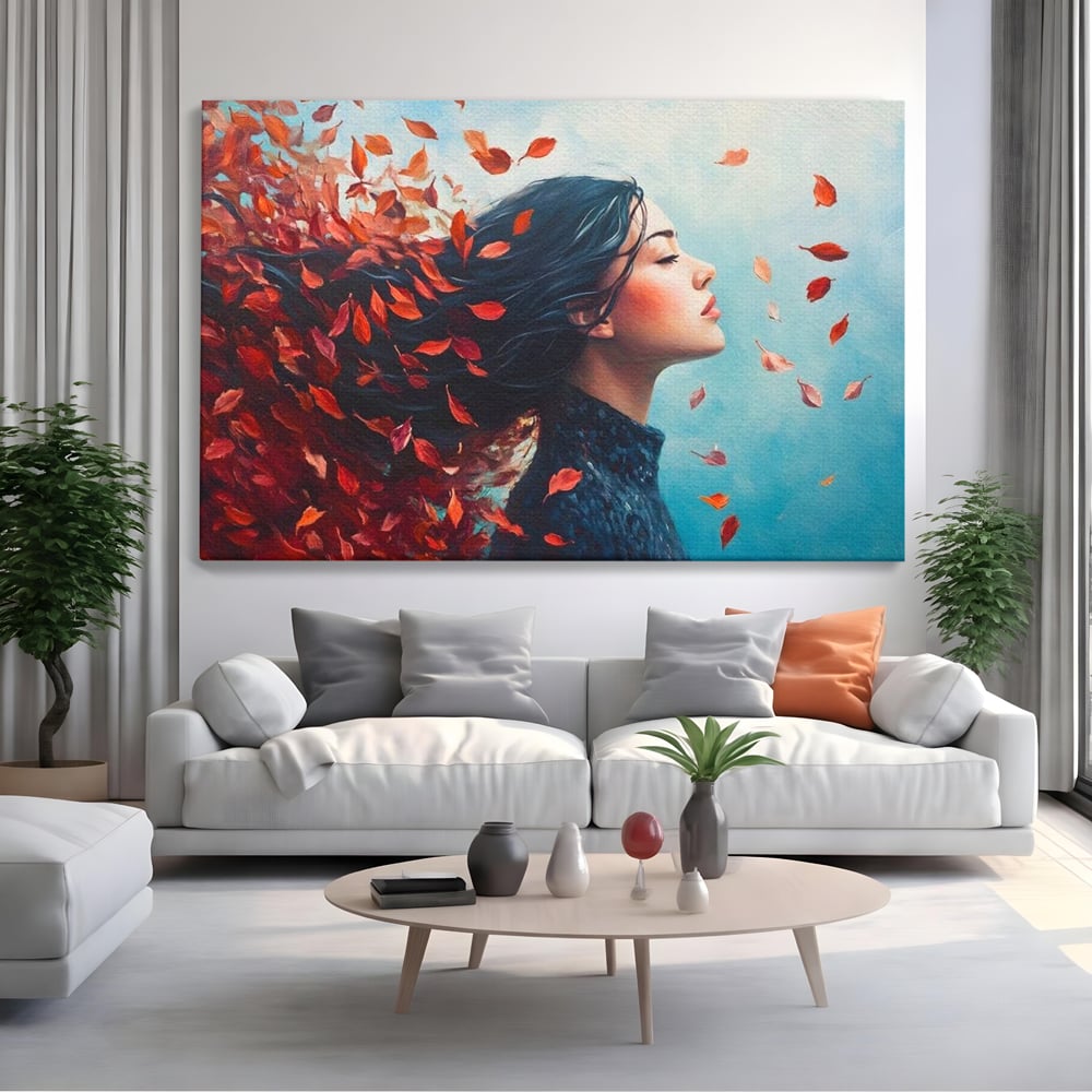 Tablou canvas cu tablou canvas cu femeie si frunze in vant, fara rama, pe sasiu de lemn, pe perete intr-un living