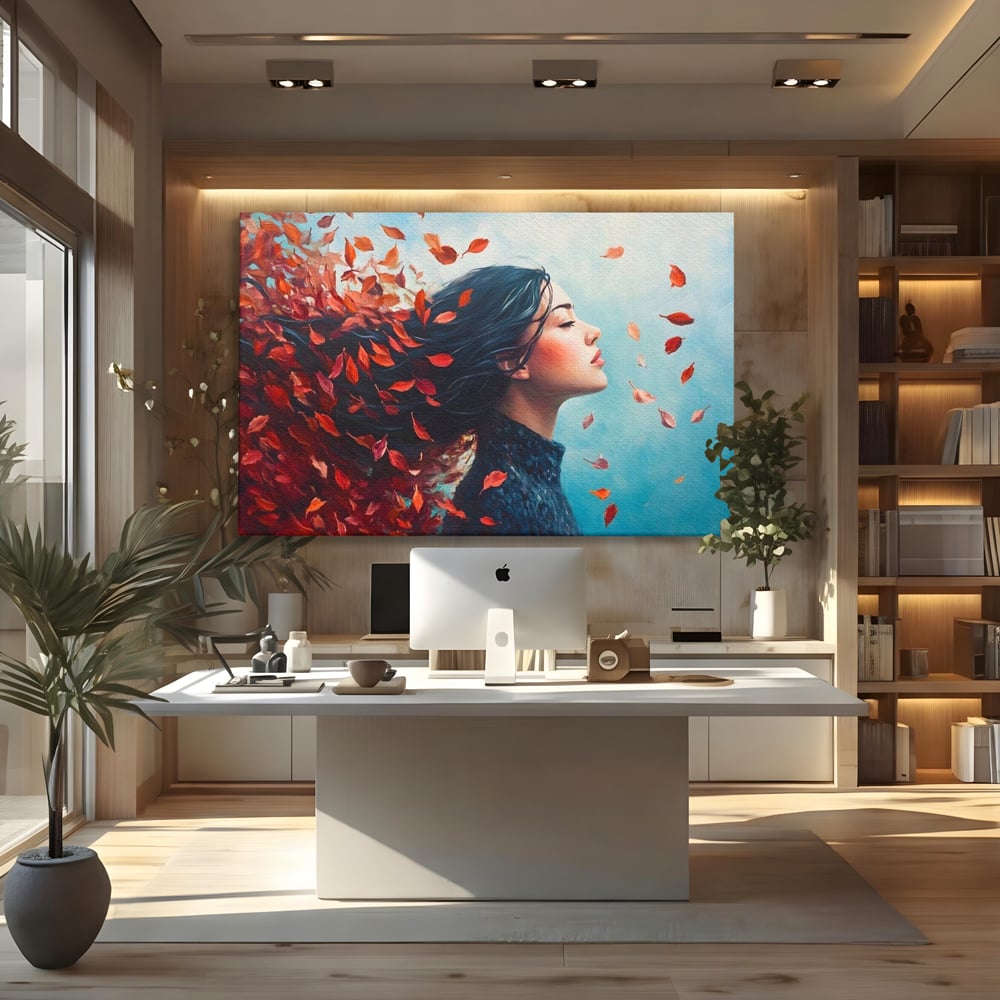 Tablou canvas cu tablou canvas cu femeie si frunze in vant, fara rama, pe sasiu de lemn, pe perete intr-un birou